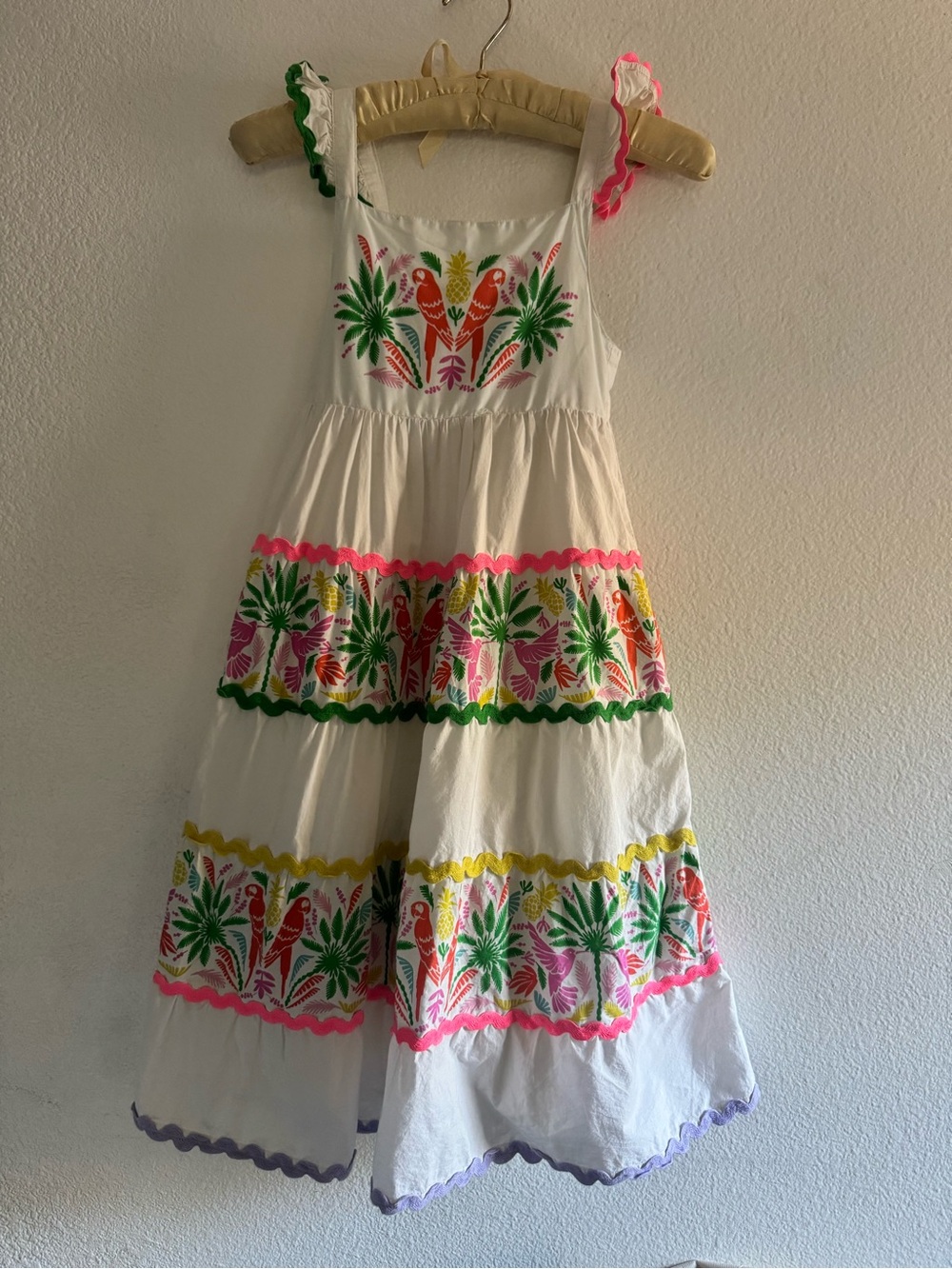 Mini Boden White Tiered Dress with Pink, Green & Yellow Tropical Embroidery